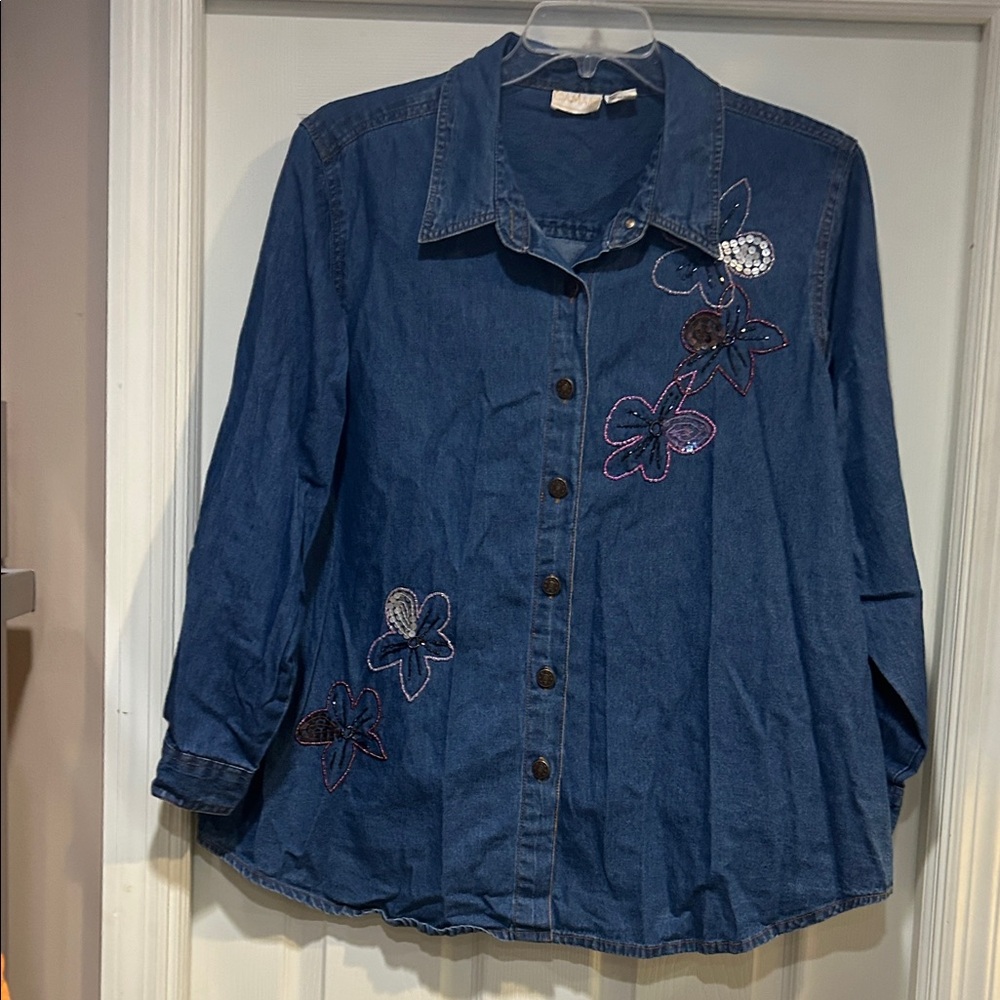 Vintage Roaman's Blue Denim Shirt with Sequins and Seed Beads